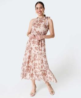 Vestido Midi Feminino Halter Neck Floral Marisa Bege-66194