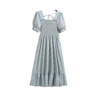 Vestido Midi Floral De Verão Para Mulheres, Manga Curta, Casual, Com Pregas, Gola Quadrada