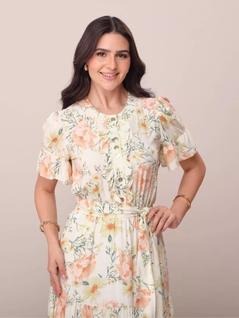 Vestido Midi Floral Viscose Tatá Martello Catharina Fluido Com Babados Moda Evangélica Ele