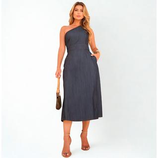 Vestido Midi Jeans Ombro Unico Moderno Festa Casual Top New