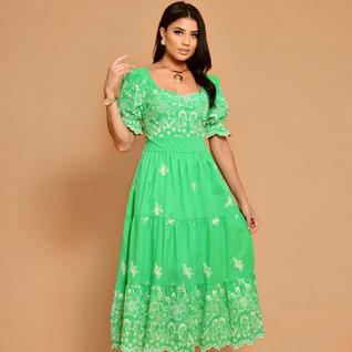 Vestido midi luxo lese bordado algodão manga curto 3119