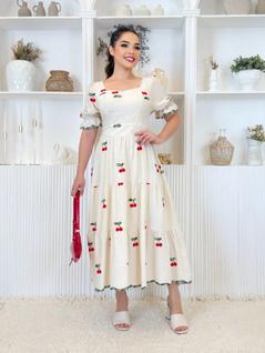 Vestido midi luxo linho bodardo algodão enlegante manga curto dia das mães