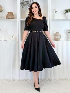 Vestido Midi Social Elegante Decote Quadrado Assimétrico de Festa Convidada