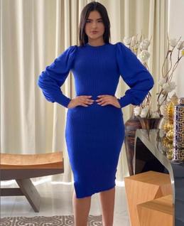 Vestido Midi Trico Manga Longa Bufante Princesa Balão