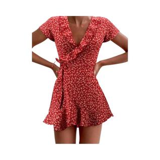 Vestido Mini Floral Com Rendas E Decote Em V Para Mulheres, Elegante E Chic, Estilo A-Line