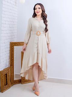 Vestido Mullet Longo Chemise com Cinto Faixa e Manga 7/8