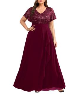 Vestido Pinup Fashion Borgonha, lantejoulas, chiffon, decote em V, tamanho plus size