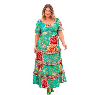 Vestido plus size mid com decote coração e lastex nas costas com manga bufante estampa flo