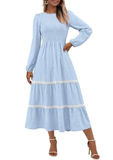 Vestido PRETTYGARDEN 2025 Floral Boho Manga Longa Midi Azul