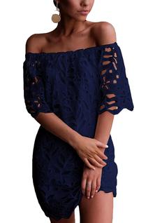 Vestido PRETTYGARDEN Azul Marinho Ombro a Ombro com Renda Floral Mini Tamanho L