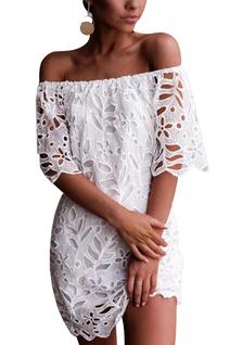 Vestido PRETTYGARDEN Corto con Encaje Floral y Hombros Descubiertos Blanco Talla S