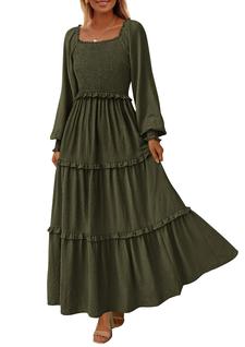 Vestido PRETTYGARDEN Maxi con Escote Cuadrado Fruncido en Verde Militar, Talla S