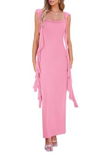 Vestido PRETTYGARDEN Verano 2025 Rosa sin Mangas con Volantes Talla L