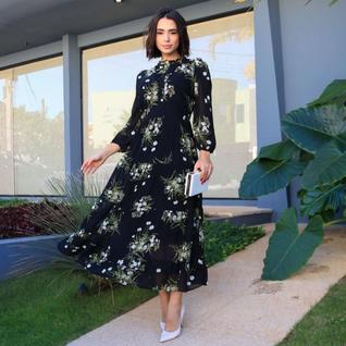 Vestido Raquel floral Maxi Midi Luxo Moda Evangélica