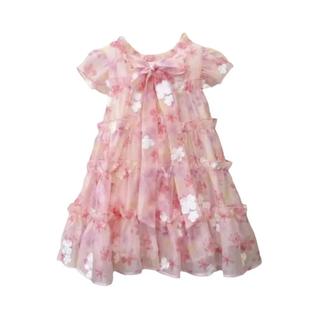 Vestido Rosa Floral De Renda Sem Mangas Para Meninas De 3 a 7 Anos, Estilo Princesa Casual