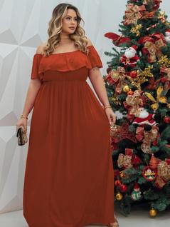 Vestido Terracota Longo Plus Size Fenda Lateral Ombro a Ombro Madrinhas Casamento Festa