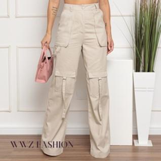 WWZ Fashion  Calça Cargo Wide Leg Feminina Sarja Modelo Flare Pantalona 113