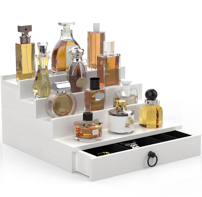 Acessório organizador de perfume de 4 camadas de madeira branca
