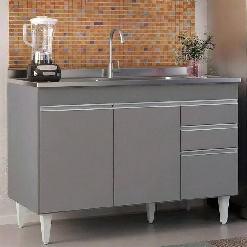 Balcão de Cozinha com Pia Inox 120cm Michigan Cinza - Lumil