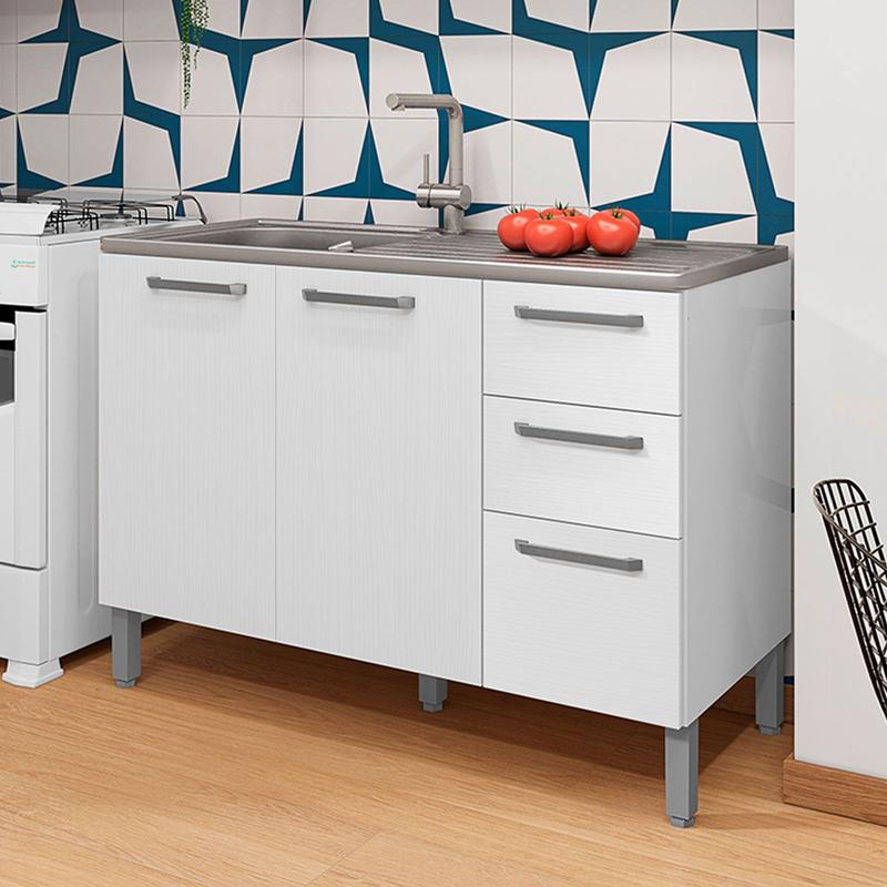 Balcão de Cozinha para Pia 120 Cm Mad Boreal 3 Portas 2 Gavetas Branco/Supremo - Pnr Móveis