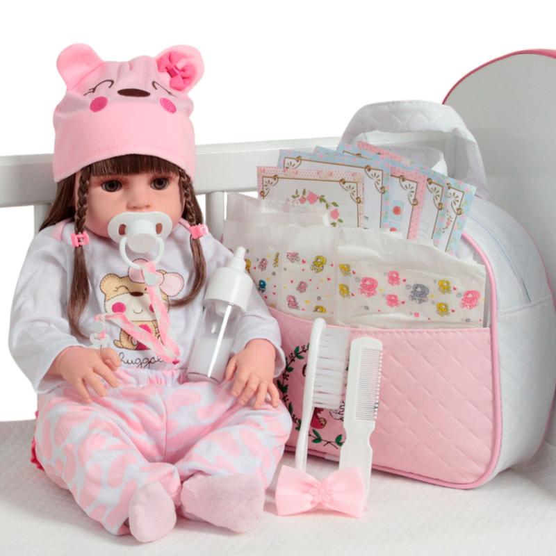 Boneca Reborn Menina Com Lindo Conjunto Bolsa Acessórios - Cegonha