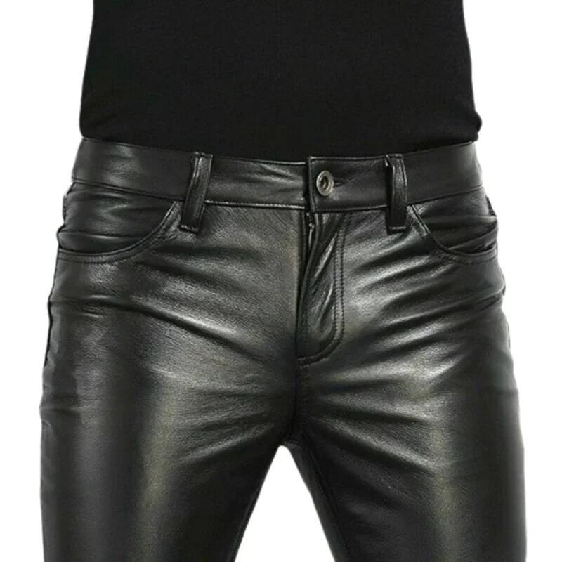 Calça Masculina Slim Fit de Couro PU Estilo Rock e Motociclista