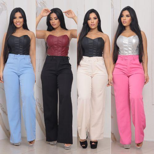 Calça Pantalona Alfaiataria Feminina Social Cintura Alta Com bolso