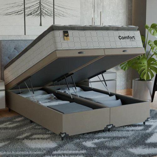 Cama Box Baú Casal Bipartido Colchão Comfort Class Pillow top Branco suede Bege