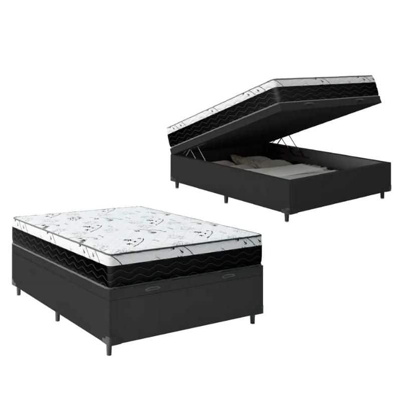 Cama Box Baú Viúva 128 Tecido Preto com Colchão Espuma D33 One Face 58X128X188