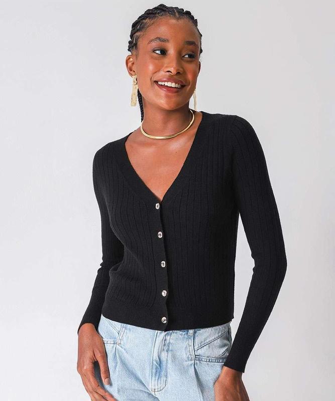 Cardigan Feminino Botões Marisa Preto-52447 - Cardigan Feminino