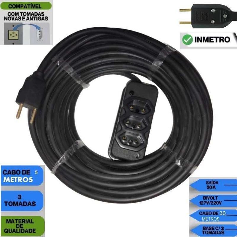 Extensao Eletrica 5 Metros Cabo PP 2X2,5mm² 0,6/1KV com 1 tomada 20A e 2 10A