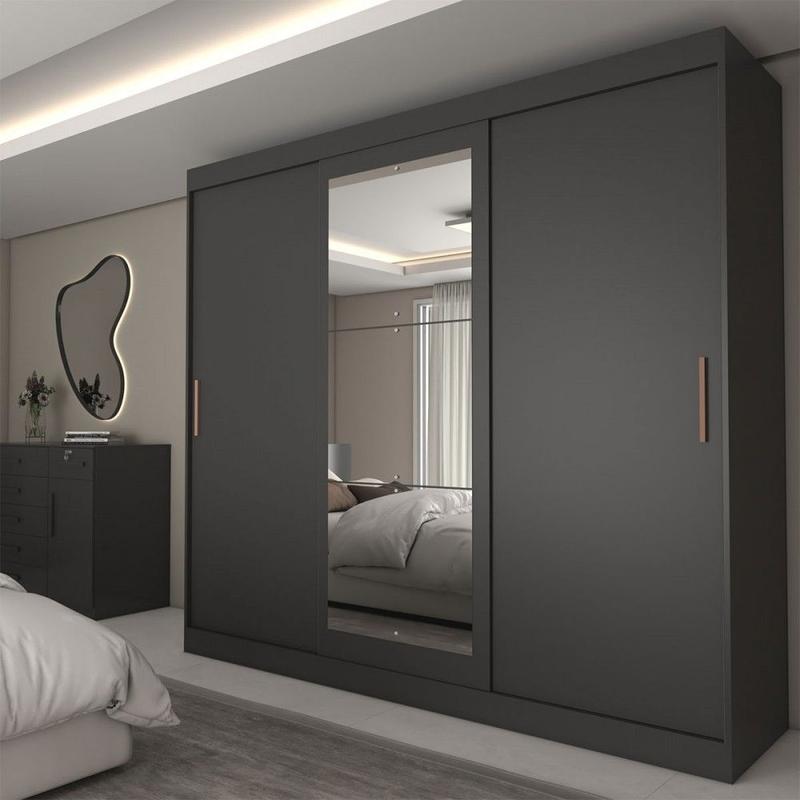 Guarda-Roupa Casal Columbia 3 Portas 2 Gavetas com Espelho 100% Mdf Preto - Panorama Móveis