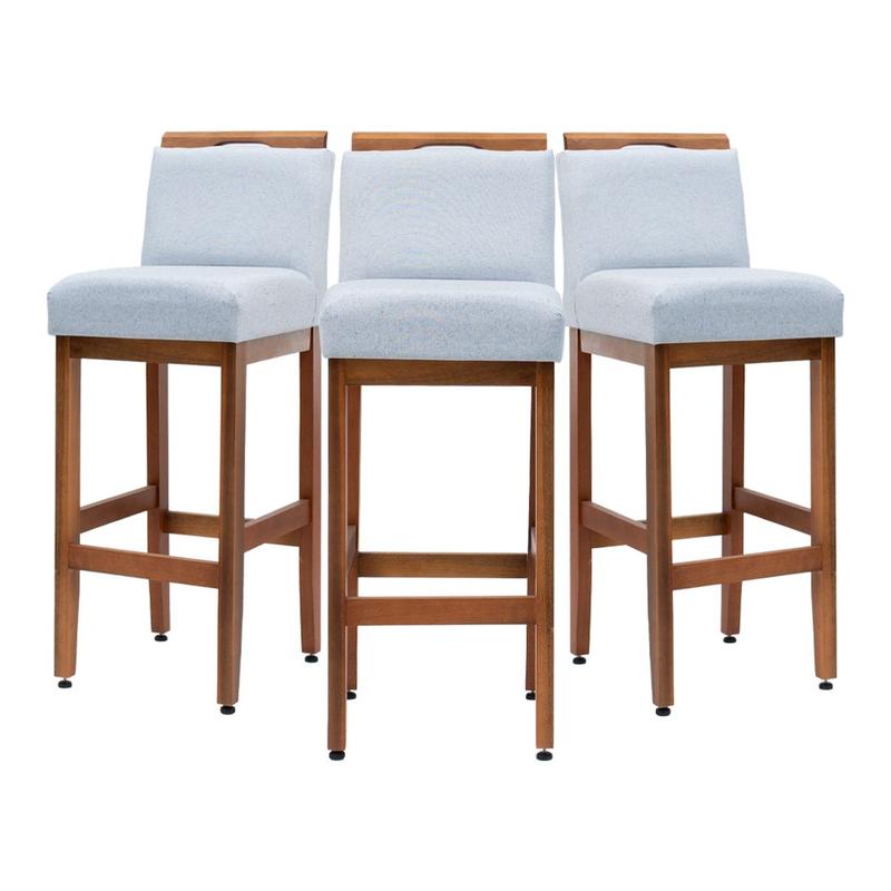 Kit 3 Banquetas Para Cozinha De Madeira Maciça Estofada Com Encosto Para Bancada Americana E Área Gourmet