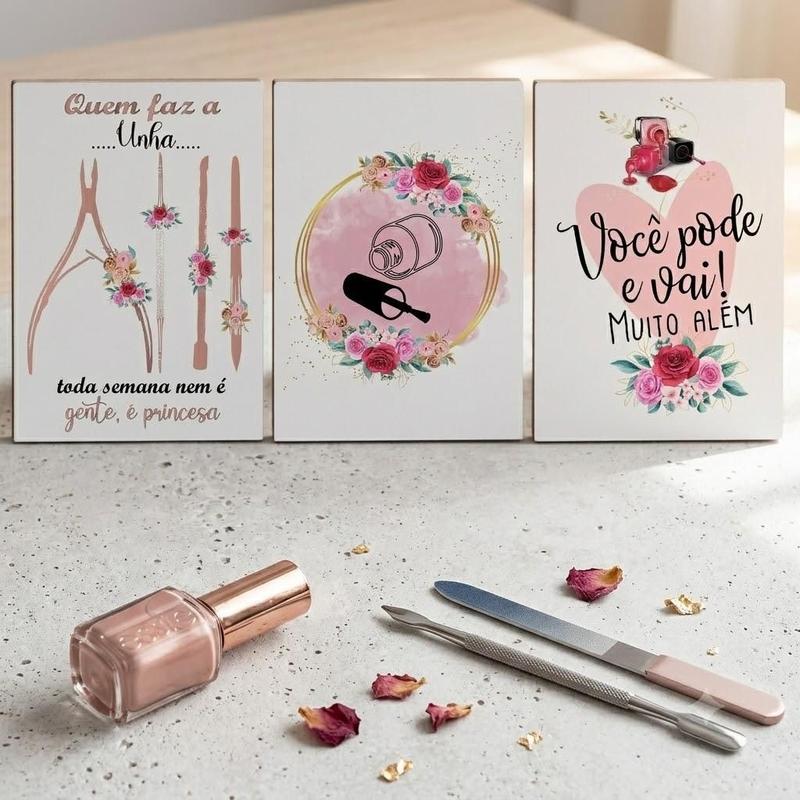 Kit 3 Placas Decorativas Manicure MDF 20x30cm Sem Moldura