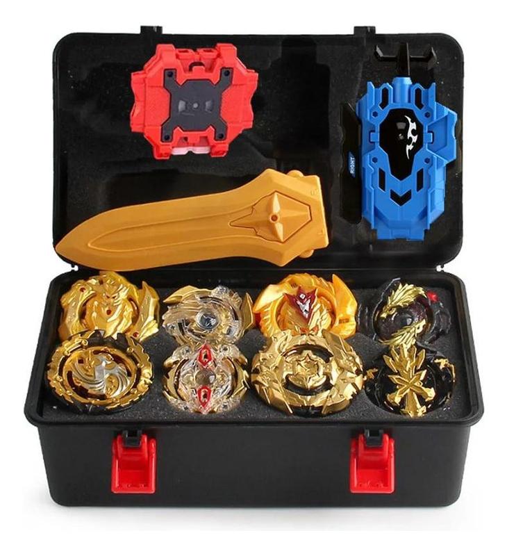 Kit 8 Beyblades Ouro De Metal Com Maleta E Puxadores - Takara Tomy