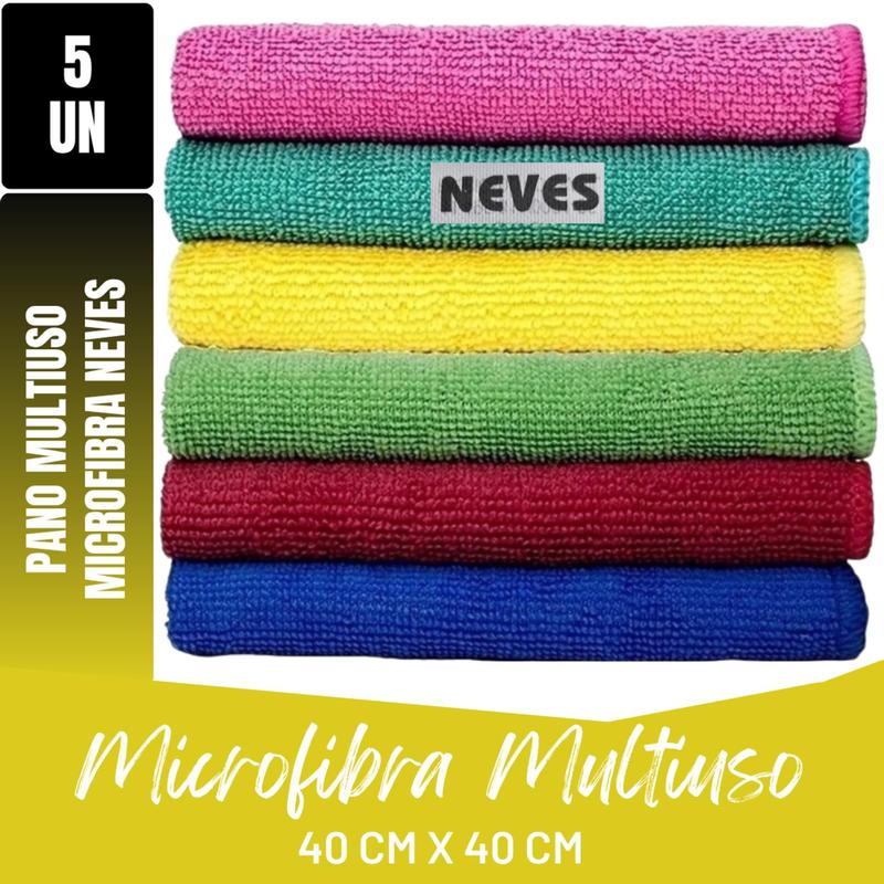 Kit C/ 5 - Pano De Microfibra - 40 X 40cm - Neves - Pia - Multiuso - Limpeza Geral - Multicores