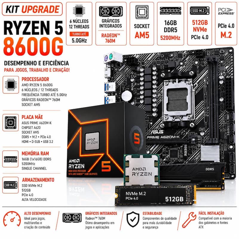Kit Upgrade Ryzen 5 8600g, Placa mãe Premium A620m, 1x16gb Ddr5, SSD 500gb Nvme