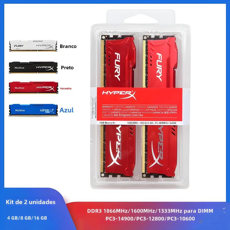 Memória DDR3 16GB (2x8GB) - 1333MHz/1600MHz/1866MHz - Kit para Desktop - HyperX Fury