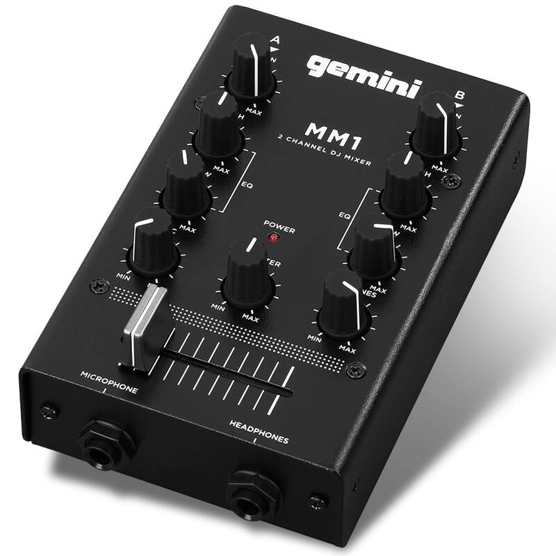 Mixer de DJ portátil Gemini MM1 de 2 canais com conectores RCA e