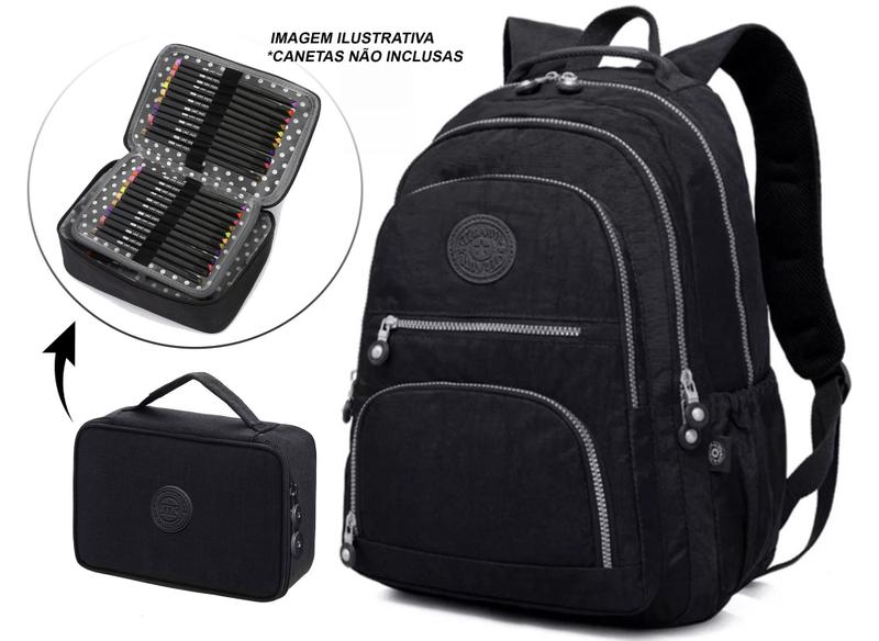 Mochila Feminina Notebook Tactel Escolar Leve + Estojo quadrado