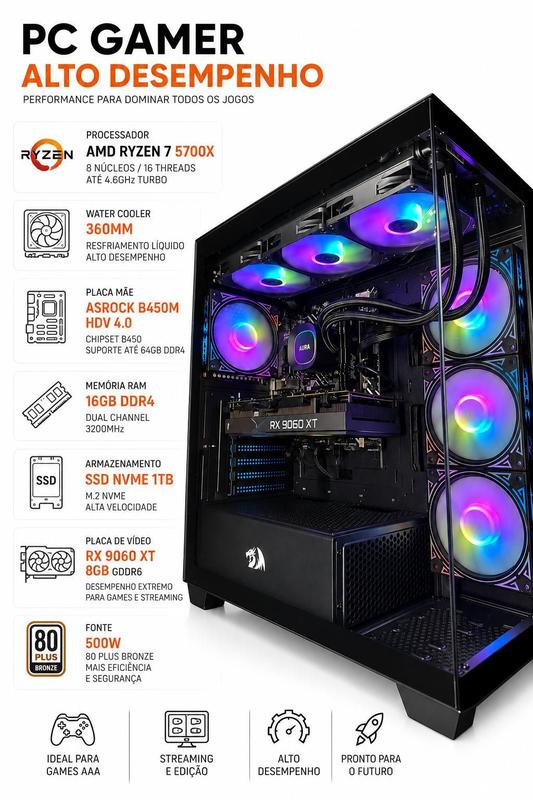 Pc Gamer Ryzen 7 5700x, 16gb Ddr4, Ssd Nvme 1tb, Rx 9060 8gb - 1