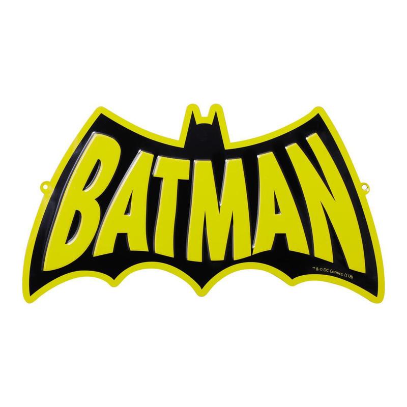 Placa aluminio recorte wb dc or batman word amarelo/preto 30x17cm