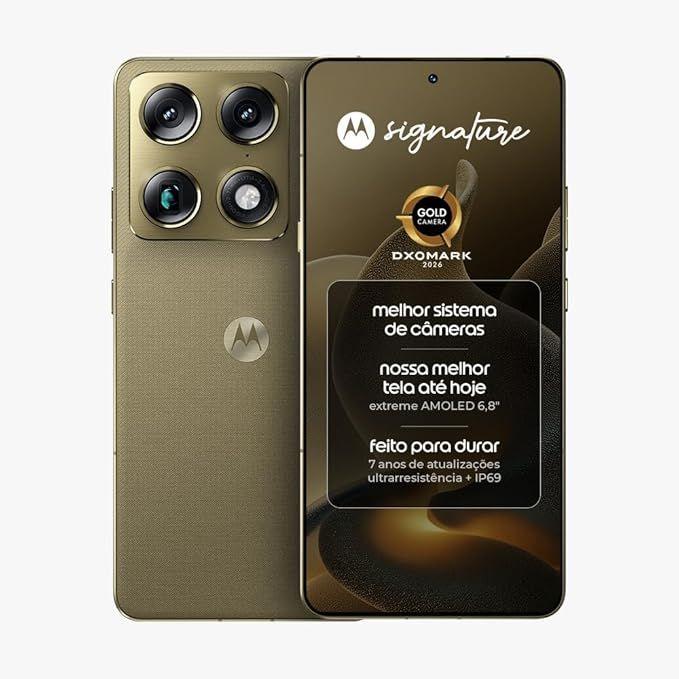 Smartphone Motorola Signature 5g 512gb 24gb 12gb Ram 12gb Ram Boost 3 Cameras 50mp Sony Lytia E Zoom 100x, Tela 1.5k Extreme Amoled 165hz Verde Oliv