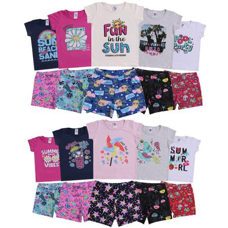 Imagem de 10 Peças de Menina Verão Calor Infantil 5 Shorts Cotton e 5 Camisetas Estampadas