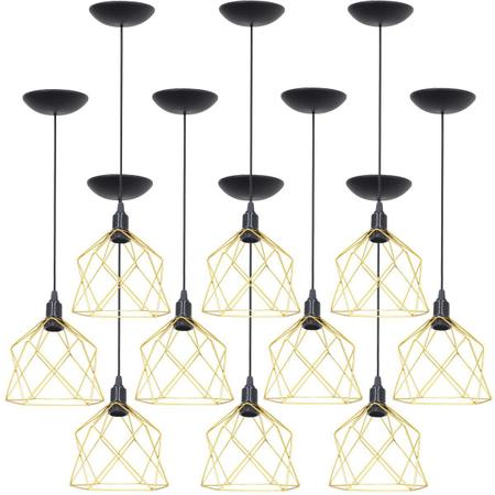 Imagem de 10 Pendentes Aramado Cálice Luminária Lustre Teto Retrô Vintage Industrial Balcão Dourado