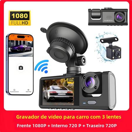 Imagem de 1080P 3 Canais Car Dash Cam WiFi App Front Rear View Night Vision DVR