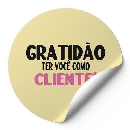 Imagem de 120 Etiquetas Adesivas Gratidão Ter Você Como Cliente Escrita Preto Rosa Fundo Amarelo Artesanais