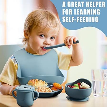 14 Pack Baby Feeding Set, Silicone Baby Led Weaning Feeding Supplies with  Suction Bowl Split Plate Ajustável Bib Soft Spoon Fork Snack Cup with Lid  Drinking Cup, Utensil (Azul, Cinza) - Potchen 