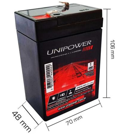 Imagem de 2 Bateria Unipower Recarregável 6v 4,5ah Carregador 6v 900mah Plug Bandeirantes Carrinho Moto Elétrica