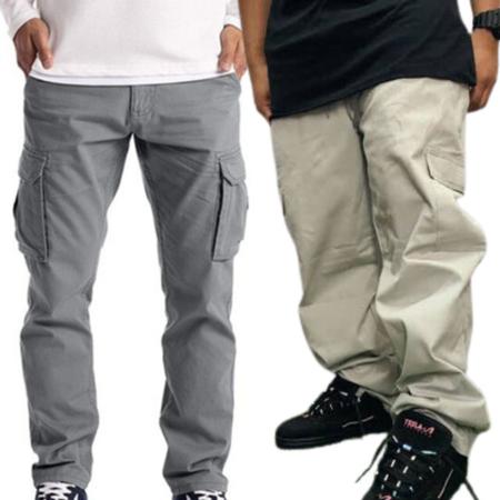 Imagem de 2 Calça Cargo Unissex Masculina Feminina  Larga Preta Bege Cáqui Sarja Moda Skate